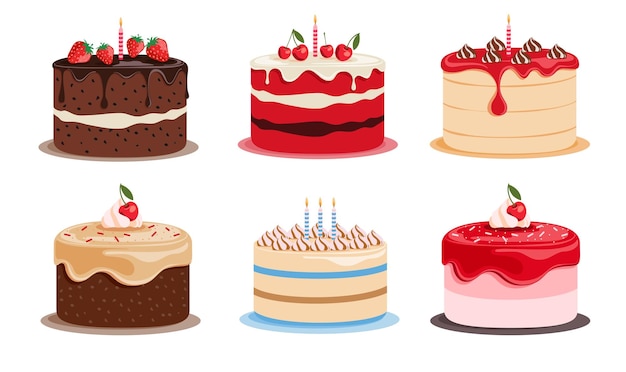 Set de clipart de elementos de pastel de cumpleaños Cake colorido postre clip art con cereza de fresa