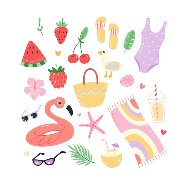 Set de clipart de playa de verano dibujado a mano con frutas flotantes de flamenco inflables y elementos tropicales