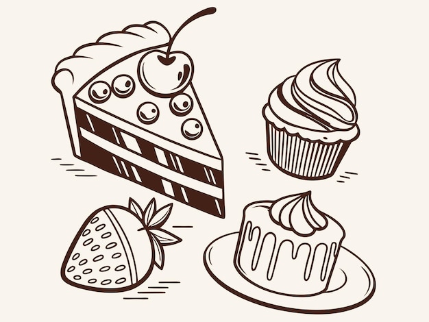 Set de cliparts de la línea de arte de postres de panadería Ilustración vectorial dibujada a mano
