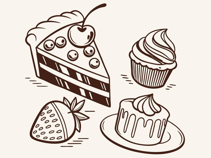 Set de cliparts de la línea de arte de postres de panadería Ilustración vectorial dibujada a mano