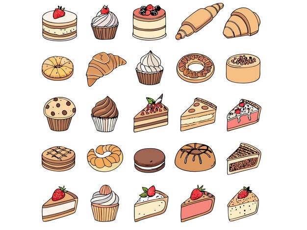 Set de cliparts de la línea de arte de postres de panadería Ilustración vectorial dibujada a mano