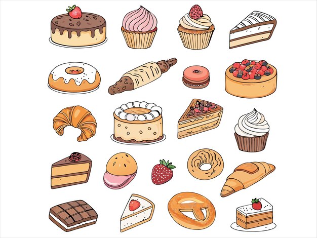 Set de cliparts de la línea de arte de postres de panadería Ilustración vectorial dibujada a mano