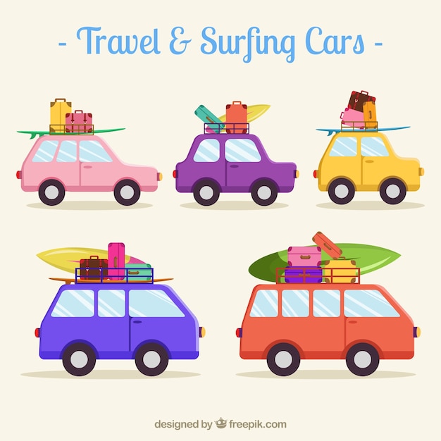 Set de coches de viaje y surf