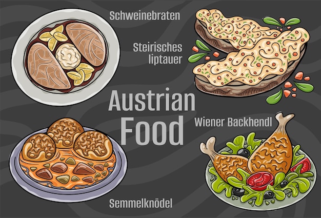 Set de cocina nacional austriaca popular Ilustración vectorial dibujada a mano sobre un fondo oscuro