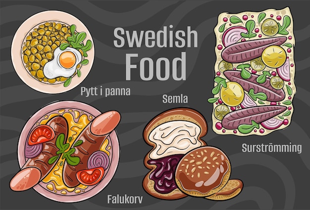 Set de cocina nacional sueca popular Ilustración vectorial dibujada a mano sobre un fondo oscuro