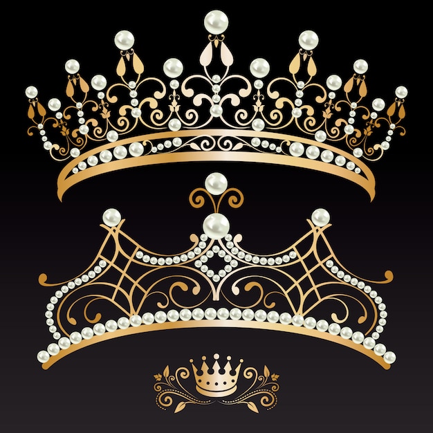Set colección de dos dorados con perlas tiaras y corona