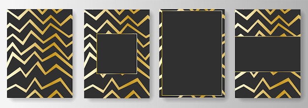 Set Colección de fondos negros con marcos y zigzag dorados