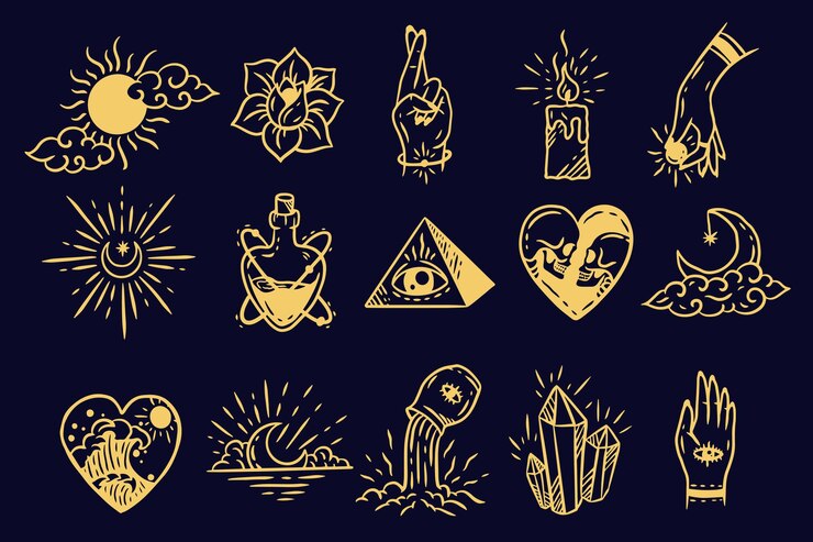 Vector set collection magical celestial element dark holly doodle esotérico espiritual ocultismo vintage boho line dibujado a mano