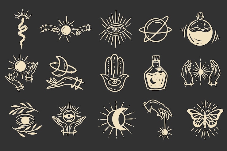 Vector set collection magical celestial element dark holly doodle esotérico espiritual ocultismo vintage boho line dibujado a mano