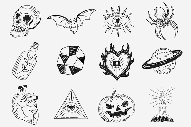 Set Collection Mystical Celestial Dark Holy Simple Minimalism Tattoo Clipart Símbolo espacio garabato Elementos esotéricos ilustración vintage