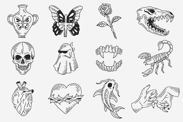 Vector set collection mystical celestial dark holy simple minimalism tattoo clipart símbolo espacio garabato elementos esotéricos ilustración vintage