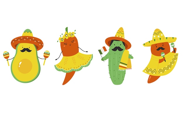 Vector set colorido con personajes divertidos para las vacaciones del cinco de mayo