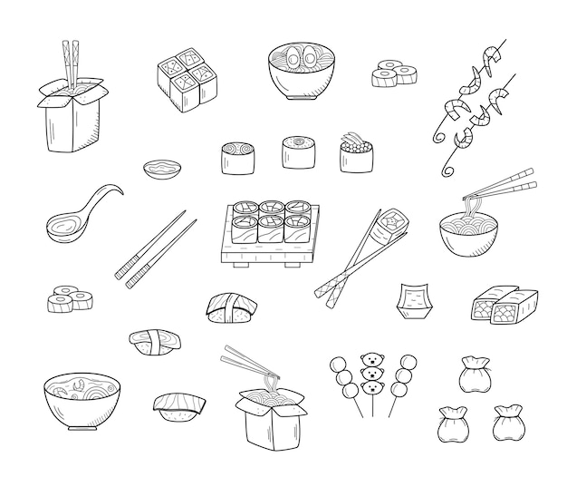 Set de comida asiática estilo doodle Ilustración vectorial de japonés chino taiwanés