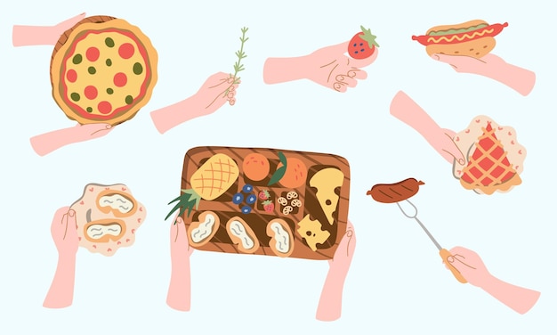 Set de comida y bebida para picnic Ilustración aislada de vector plano de dibujos animados sobre fondo blanco