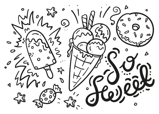 Vector set de comida dibujado a mano con helados, donuts, dulces y letras dulces en estilo sketch