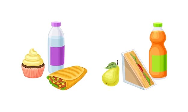Set de comida para llevar sándwich shawarma pasteles y bebidas estudiantes bocadillos ilustración vectorial de comida