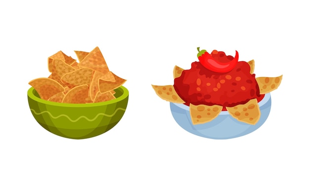 Set de comida tradicional mexicana Burritos y salsa Ilustración vectorial de la salsa