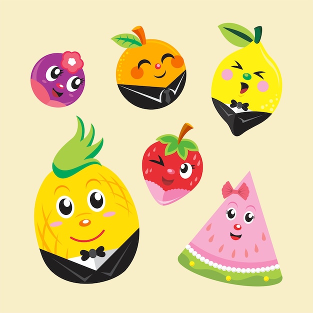 Vector set completo de frutas únicas con estilo de fiesta.