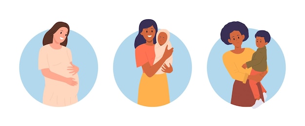 Vector set de composición redonda aislada de maternidad madres felices personajes de dibujos animados con niños de diferentes edades en las manos mujer joven hermosa que espera el parto hembras que cuidan del niño hijo o hija