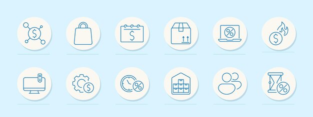 Set de compras en línea icono símbolo del dólar bolsa de compras computadora rueda dentada calendario caja de entrega descuentos promocionales envío rápido ventas de tiempo limitado ofertas de comercio global minorista
