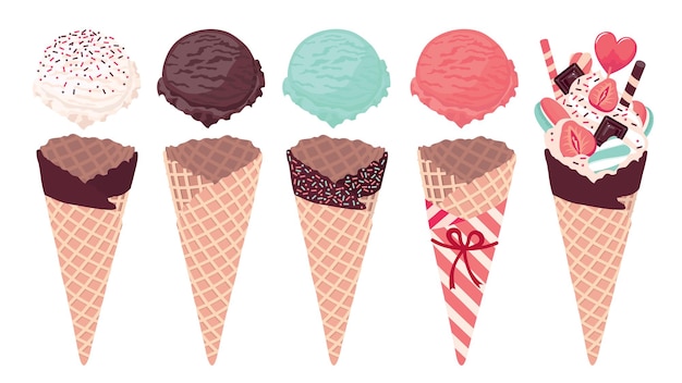 Vector set de conos de waffle de helado