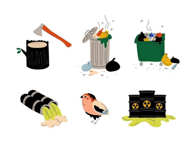 Vector set de contaminación del medio ambiente contaminación de la naturaleza con aguas residuales residuos nucleares basura deforestación ilustración vectorial de dibujos animados