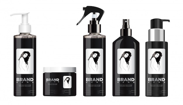 Set cosmético negro realista con tapa blanca y negra