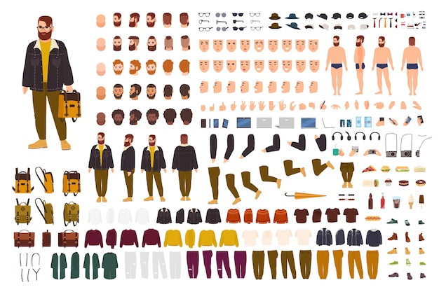 Set de creación de hombre gordo o kit de bricolaje. Colección de partes del cuerpo de personajes de dibujos animados planos, expresiones faciales, ropa hipster de moda aislada sobre fondo blanco. Vista frontal, lateral y posterior. Ilustración vectorial.