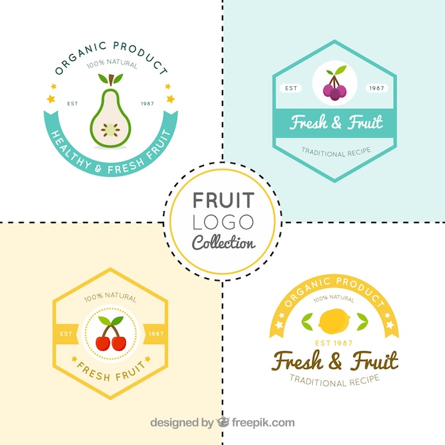 Vector set de cuatro logos de fruta en diseño plano