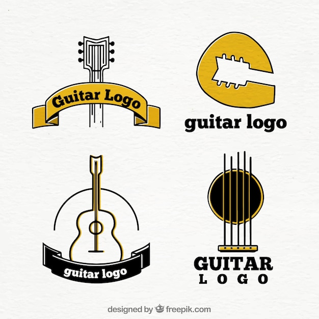 Set de cuatro logos de guitarra con detalles amarillos