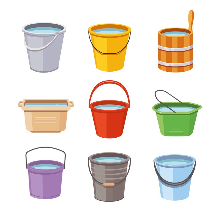 Vector set de cubos de agua. cubo de metal, iconos aislados de cubo de jardín de plástico vacío y lleno