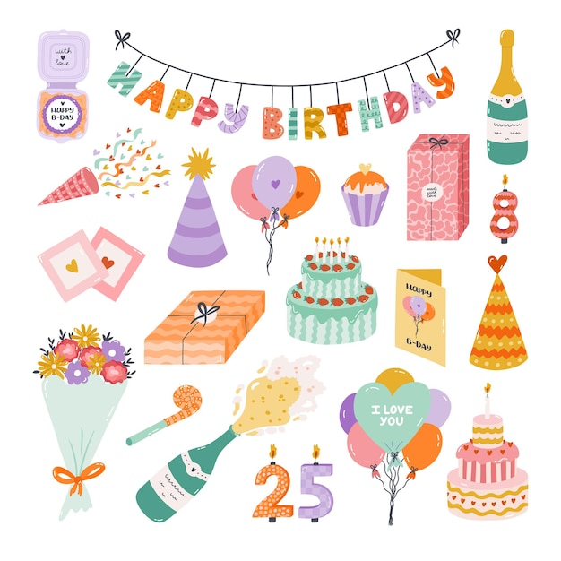 Set de cumpleaños bonito dibujado a mano Elementos de vacaciones de moda Decoración de fiestas pasteles de vela Regalos globos Sombrero de fiesta Colección de cliparts de cumpleañas felices para niños Símbolo de celebración de aniversario