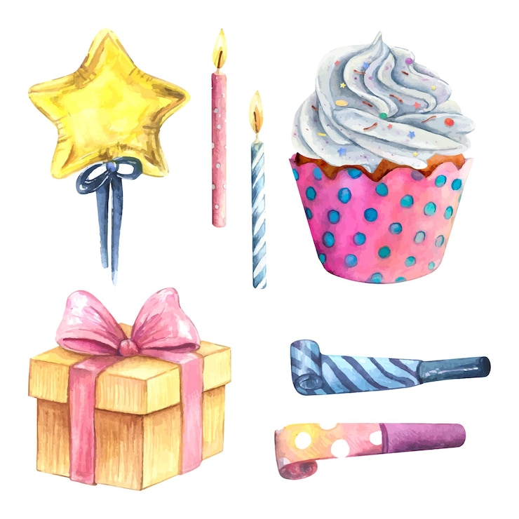 Vector set de cumpleaños pastel acuarela dibujo caja de regalos de vainilla vela decoración de fiesta estrella