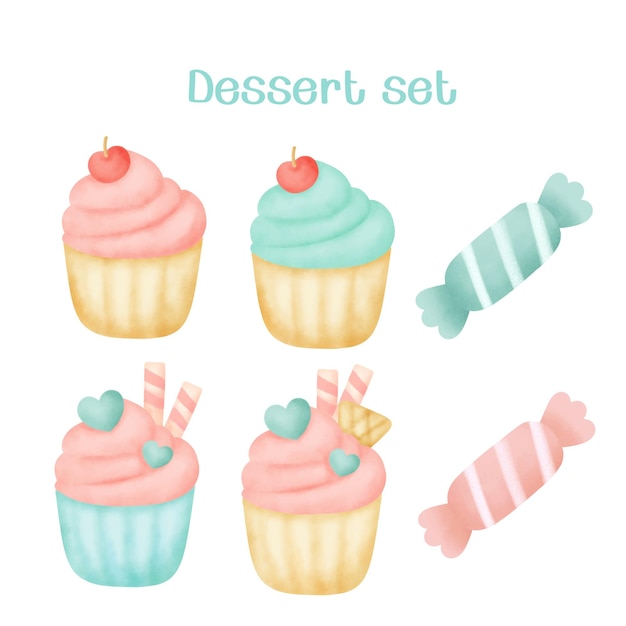 Set de cupcakes de acuarela dibujados a mano.