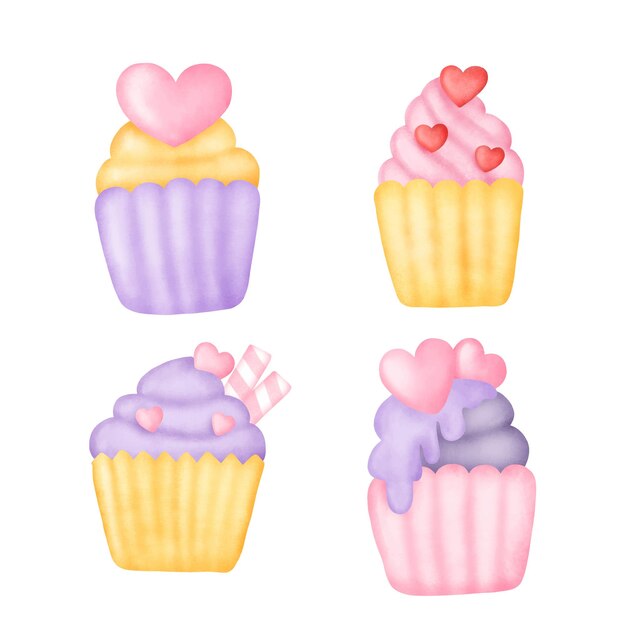 Set de cupcakes acuarelas dibujadas a mano.