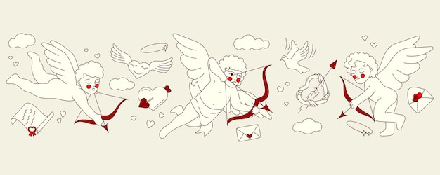 Set de Cupido de época Ángeles voladores alegres con arco y flecha Nubes y corazones Querubines lindos