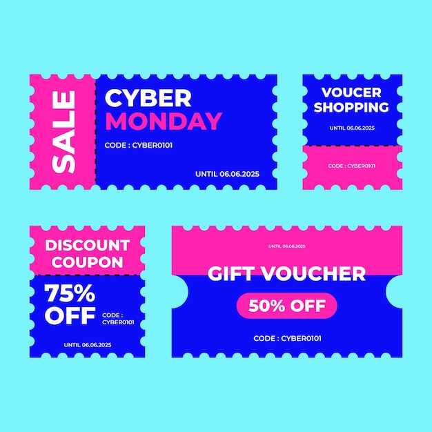 Set de cupones de Cyber Monday, cupones de promoción, plantilla de diseño para la venta, ofertas de precios especiales, banner