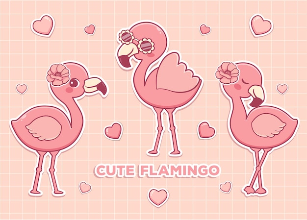 Set cute pink flamingos bird para la etiqueta engomada del horario de verano