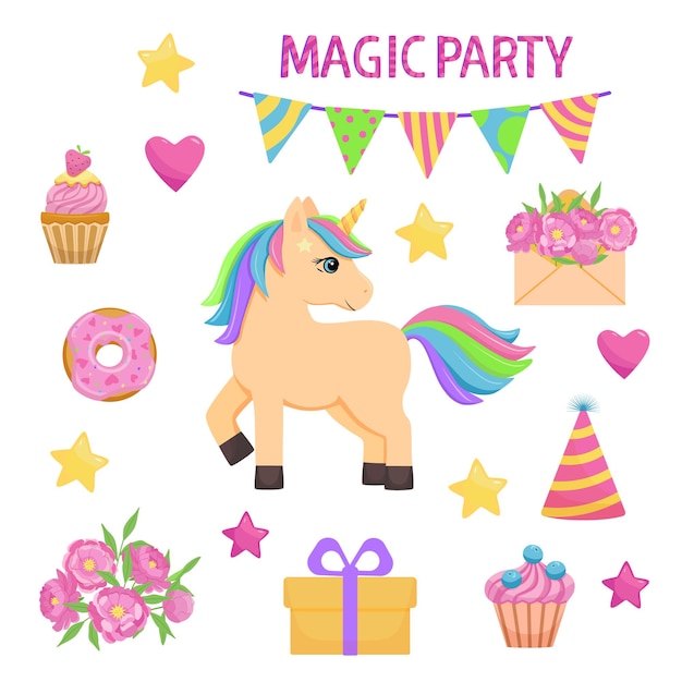 Set para decoración de fiesta de cumpleaños con cupcakes de unicornio flores estrellas corazones Ilustración de vector de dibujos animados brillante