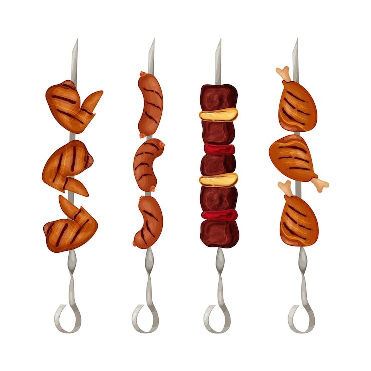 Vector set con deliciosa barbacoa con carne de pollo y salchichas a la parrilla
