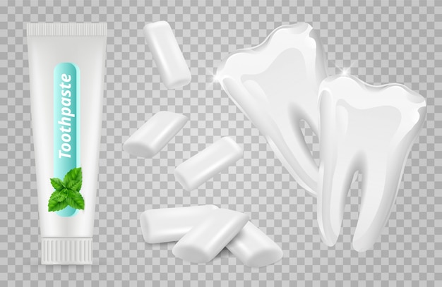 Vector set dental pasta de dientes, chicles, dientes blancos