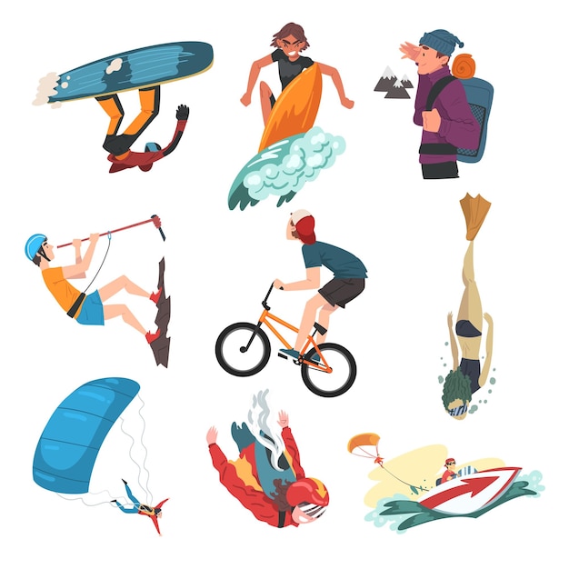 Set de deportes extremos Snowboard Surf senderismo Buceo Skateboard Roller Skating Aficiones y actividades recreativas Ilustración vectorial de estilo dibujos animados