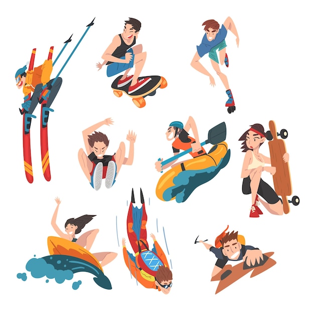 Vector set de deportes extremos snowboarding surf skateboarding paracaidismo alpinismo parasailing hobbies y actividades recreativas ilustración vectorial de estilo dibujos animados