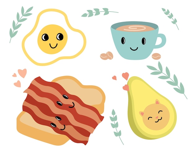 Vector set desayuno kawaii