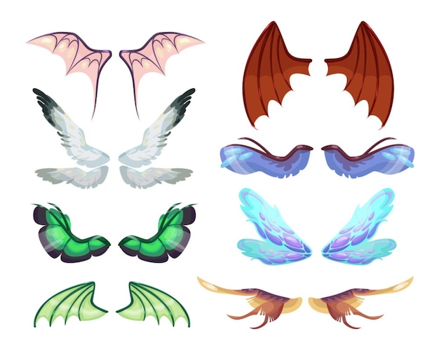 Set de dibujos animados de alas de dragones o monstruos mágicos
