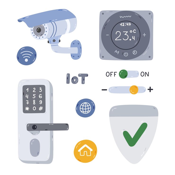 Vector set de dibujos animados con dispositivos inteligentes de seguridad para el control de la vigilancia de la seguridad del hogar a través del teléfono