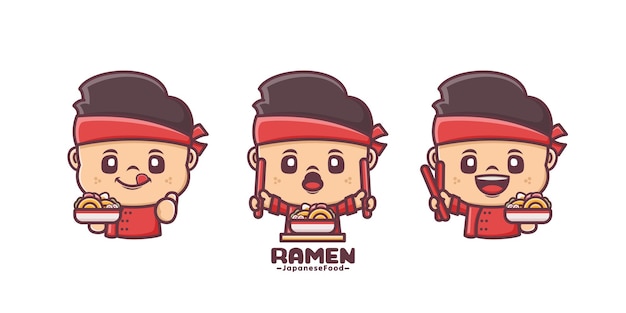 Set de dibujos animados de mascota con comida japonesa ramen
