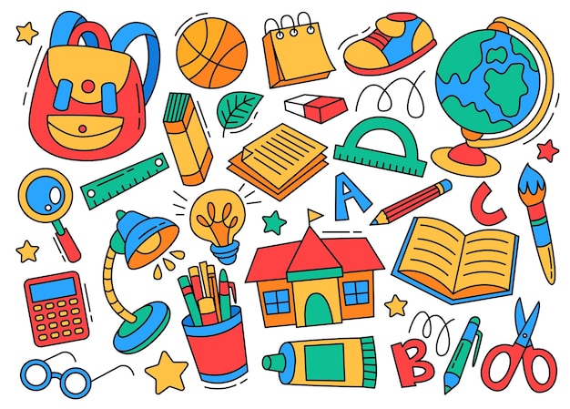 Set de dibujos y elementos de vuelta a la escuela Ilustración vectorial