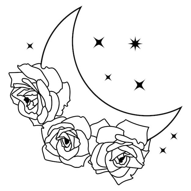 Set de diseño de luna creciente vectorial con rosas y estrellas