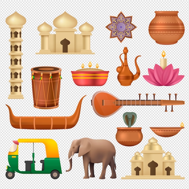 Set de diseño realista para viajar a la india